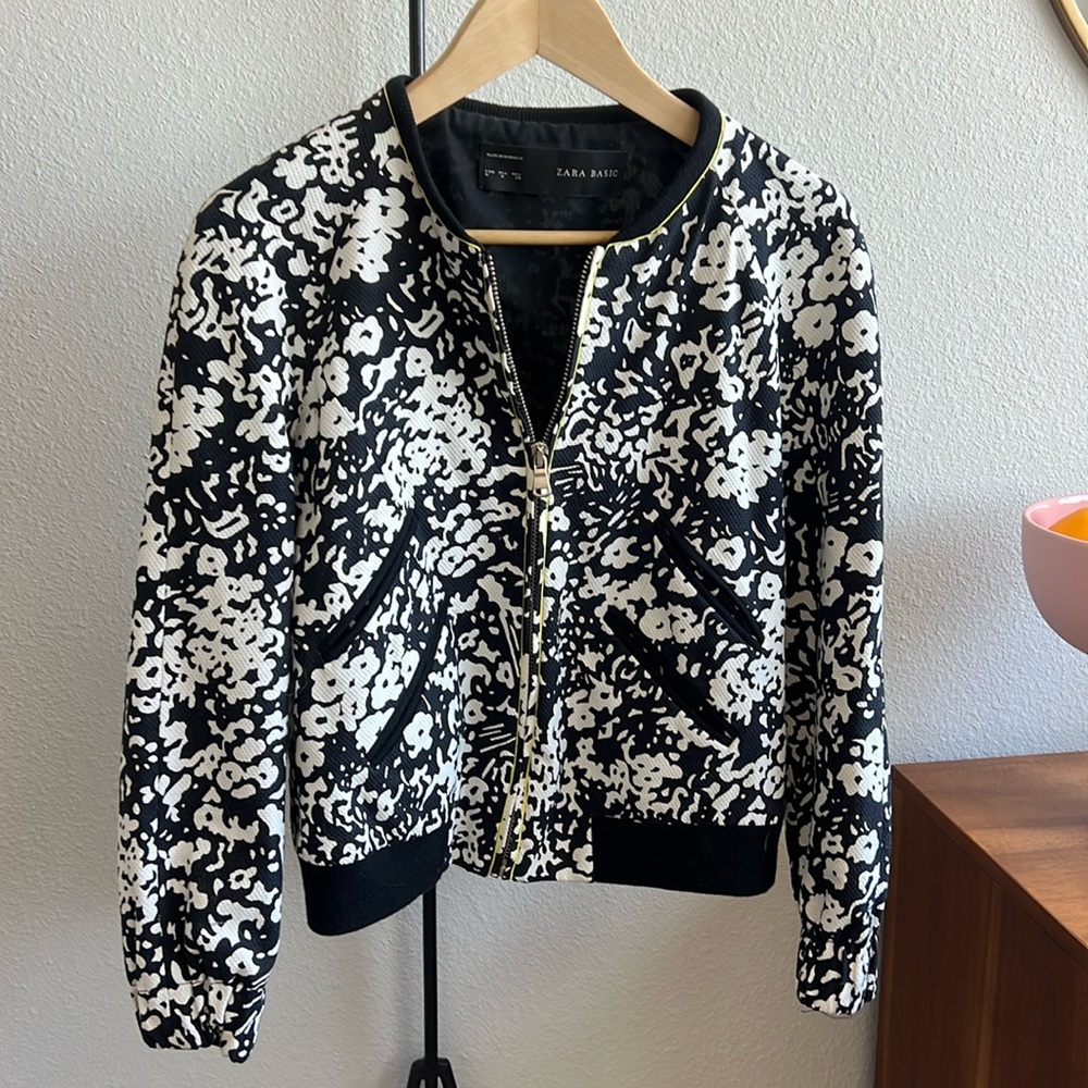Zara women’s black and white floral bomber jacket with neon trim - medium